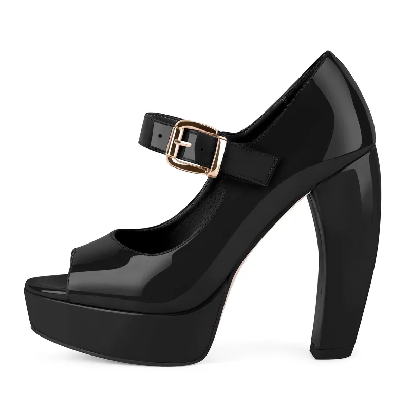 Peep Toe Platform Mary Jane Chunky Heel Pumps made by Miss Heel