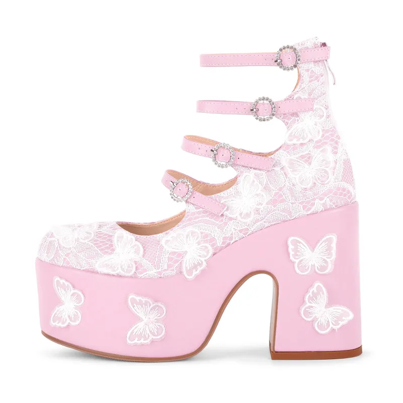 Platform Lace Butterfly Multi Buckle Strap Pumps made by Miss Heel