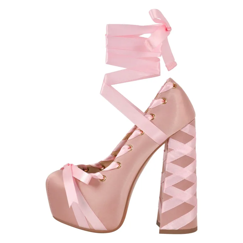 Bow Lolita Platform Lace-up Chunky Heel Pumps sold by Miss Heel