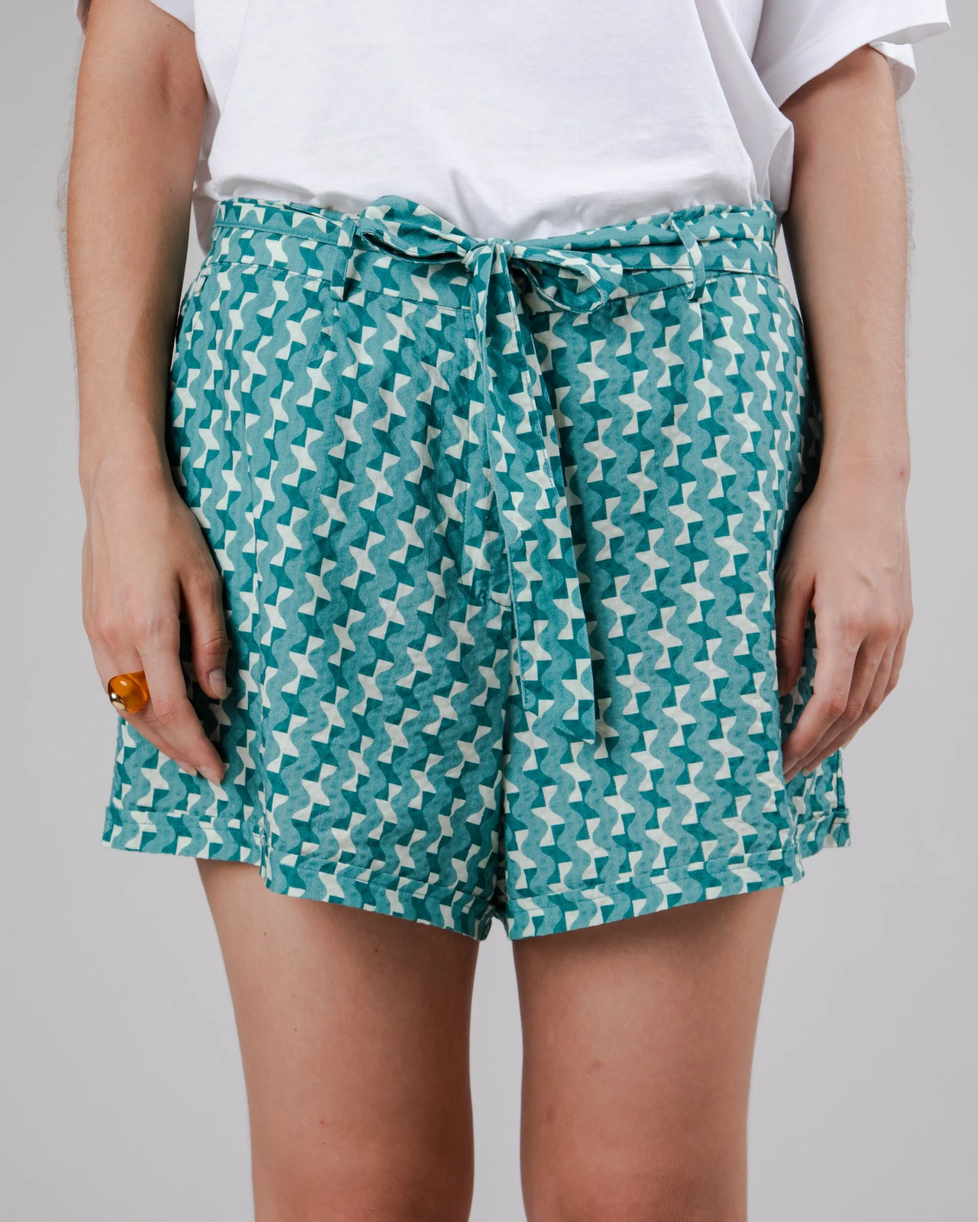 Tiles Belted Cotton Shorts Ocean sold by Brava Fabrics