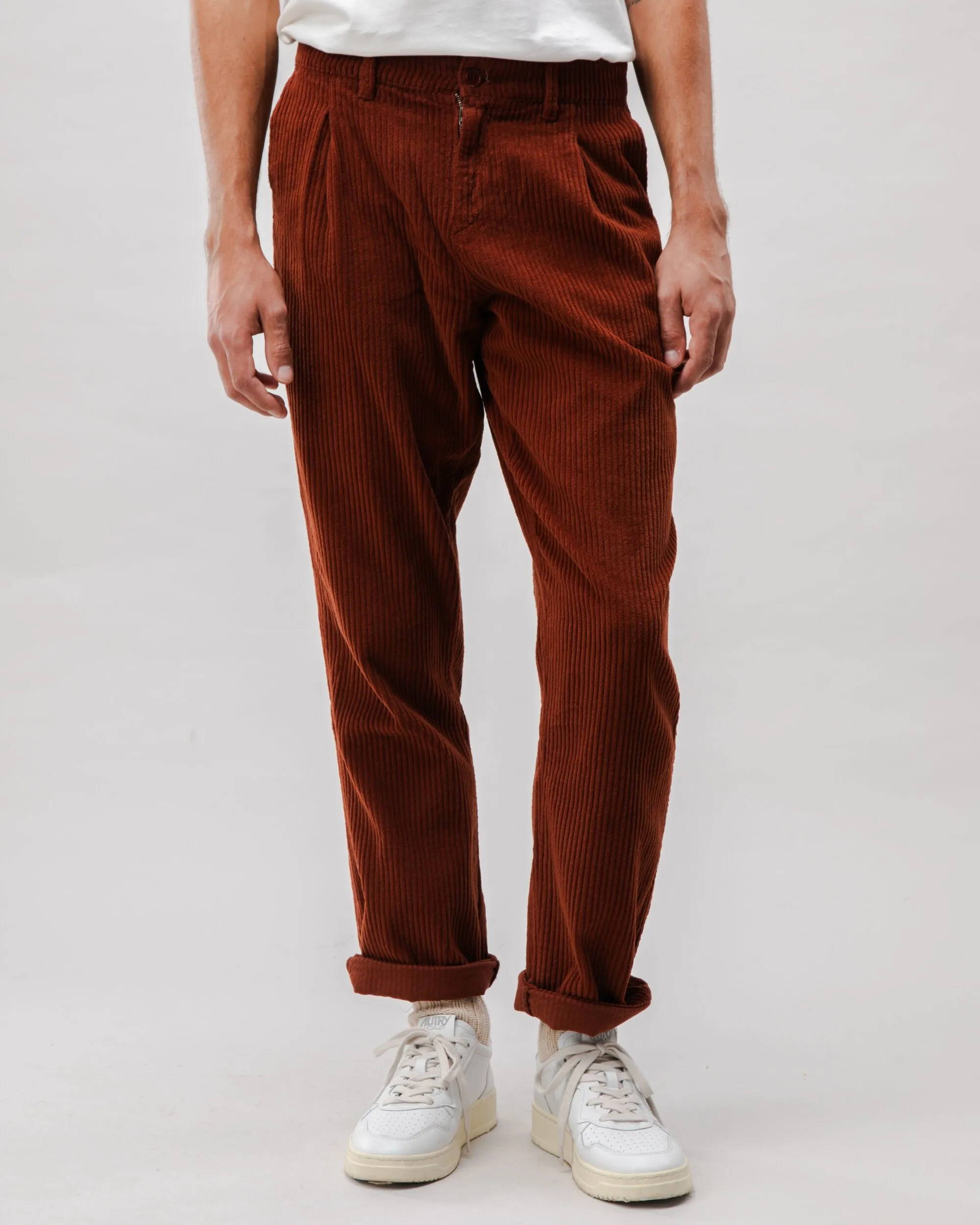 Corduroy Pleated Chino Pants Copper sold by Brava Fabrics