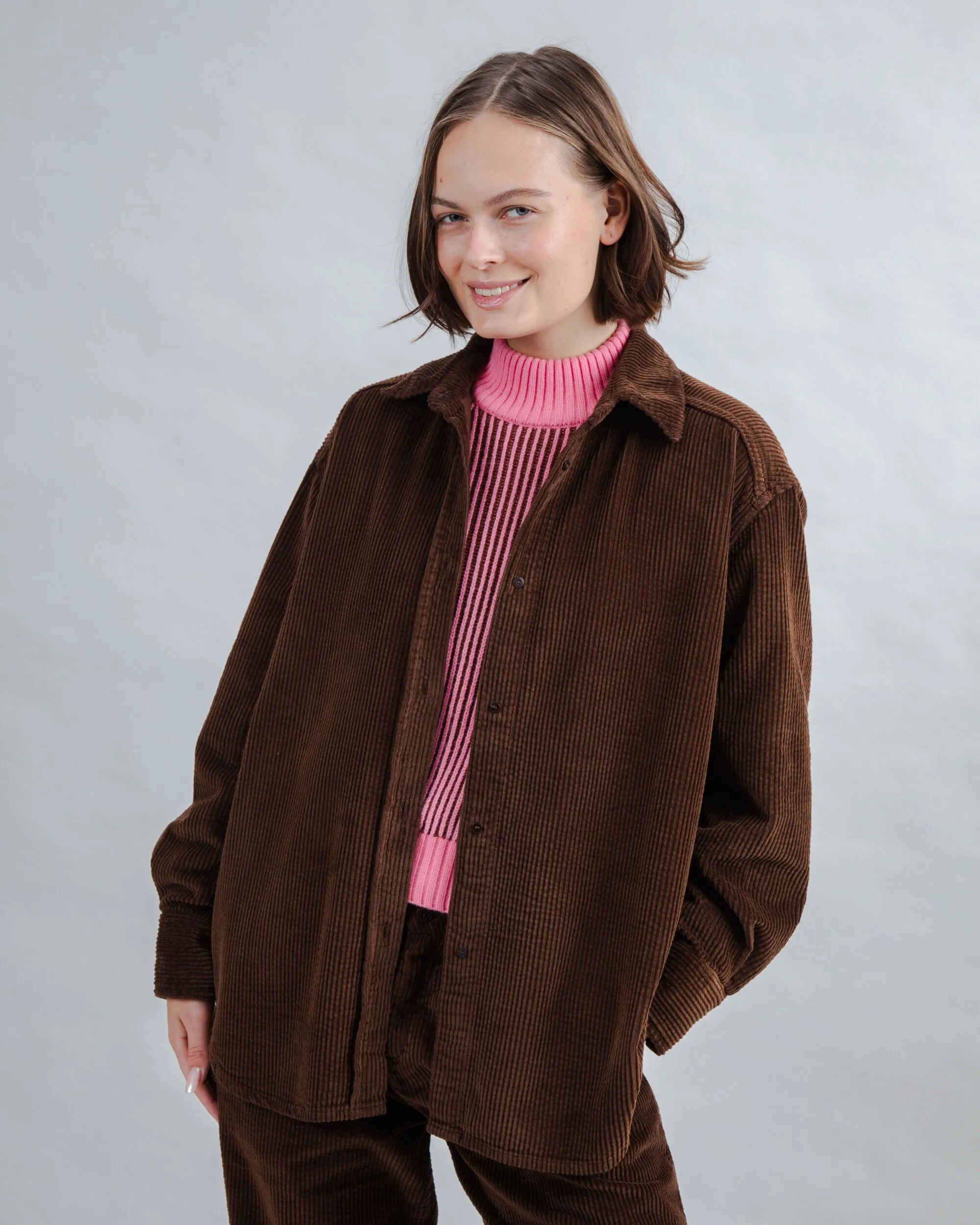 Corduroy Long Overshirt Chocolate sold by Brava Fabrics