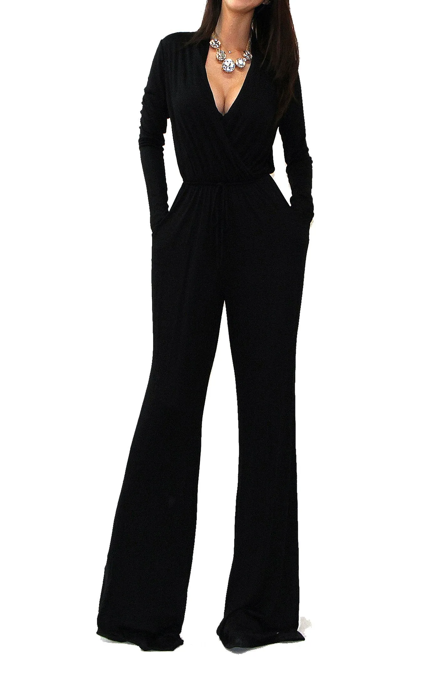 Uptown Wrap Top Wide Leg Long Sleeve Jumpsuit - Black sold by Daily Chic