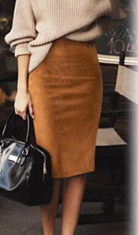 Carmen Faux Suede Midi Pencil Skirt - Camel, Beige or Black sold by Daily Chic