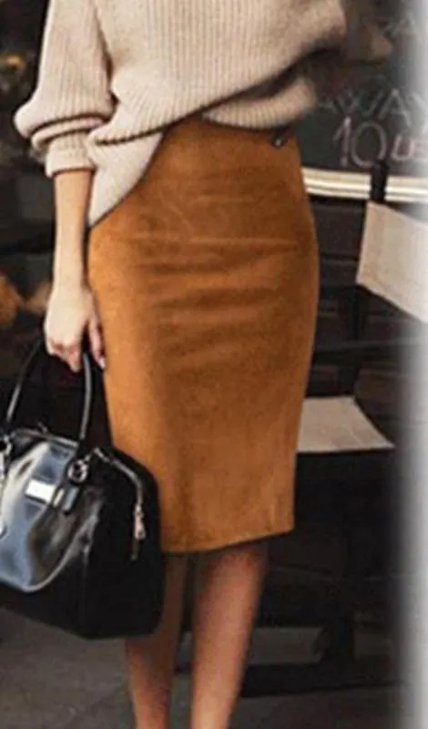 Carmen Faux Suede Midi Pencil Skirt - Camel, Beige or Black sold by Daily Chic