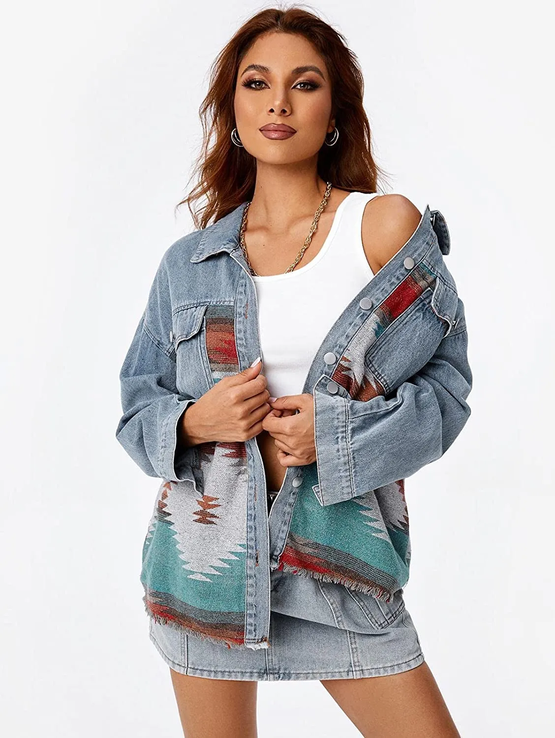 Dutton Aztec Print Denim Boyfriend Jacket sold by Daily Chic product image thumbnail 2