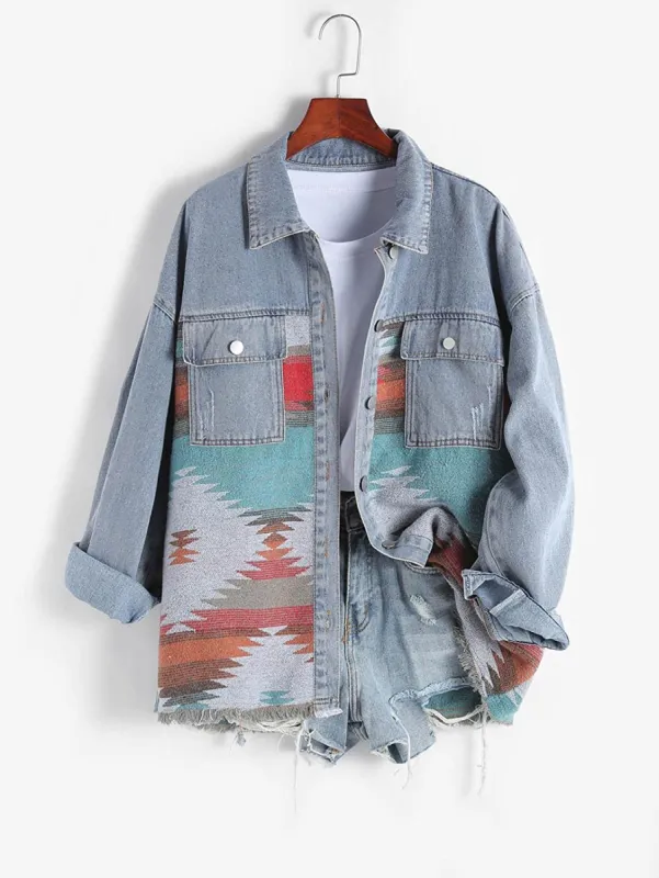Dutton Aztec Print Denim Boyfriend Jacket sold by Daily Chic