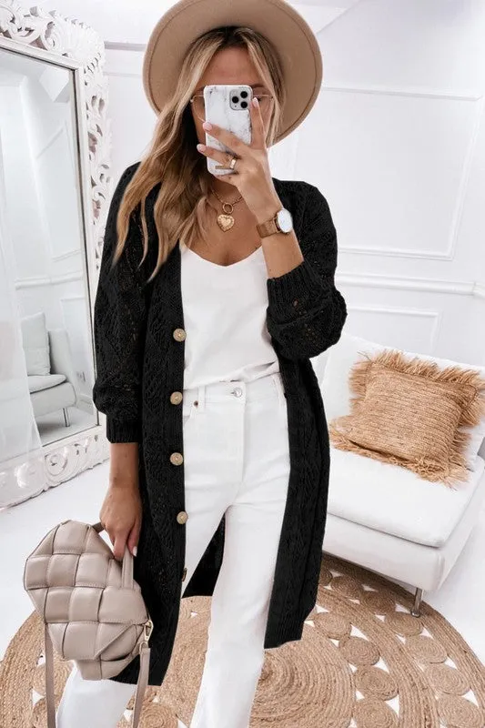 Eyelet sweater button cream black pink cardigan sold by Daily Chic product image thumbnail 4