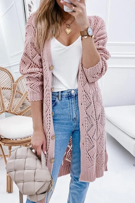 Eyelet sweater button cream black pink cardigan sold by Daily Chic product image thumbnail 5