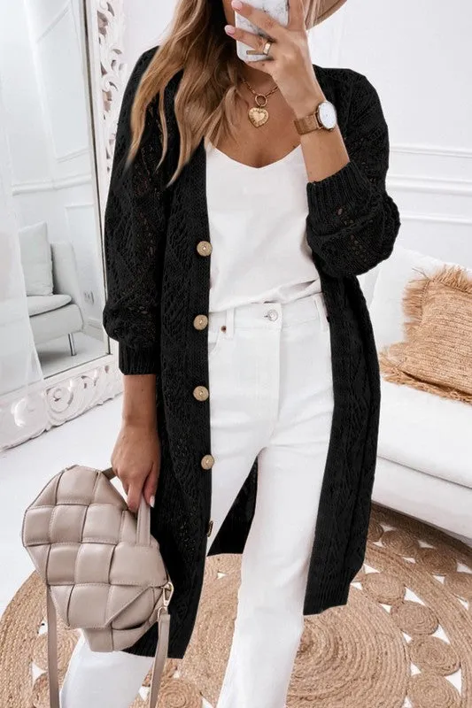 Eyelet sweater button cream black pink cardigan sold by Daily Chic product image thumbnail 2