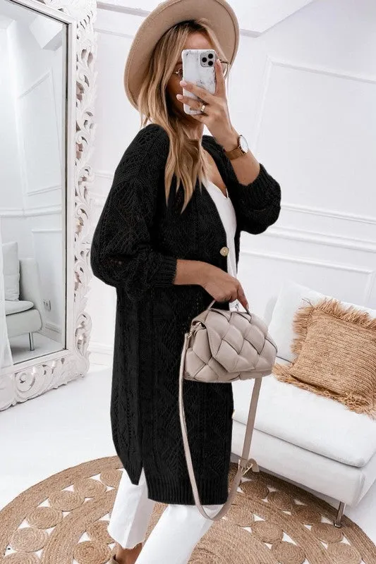 Eyelet sweater button cream black pink cardigan sold by Daily Chic product image thumbnail 3