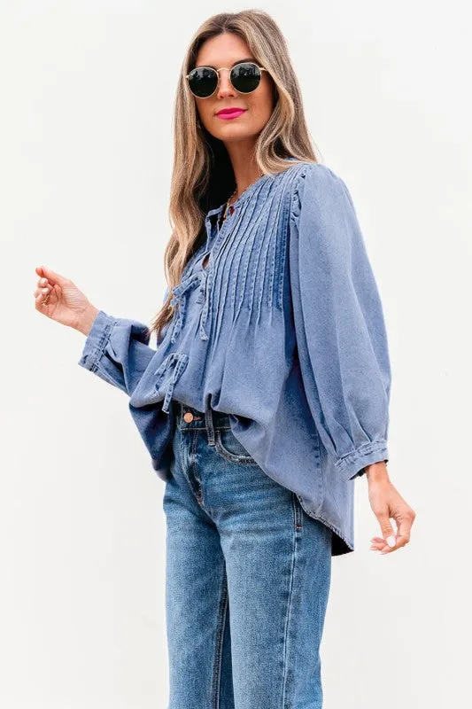 Solid Denim Pleated Bow Tie Puff Sleeve Top sold by Daily Chic product image thumbnail 3