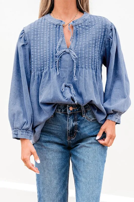 Solid Denim Pleated Bow Tie Puff Sleeve Top made by Daily Chic