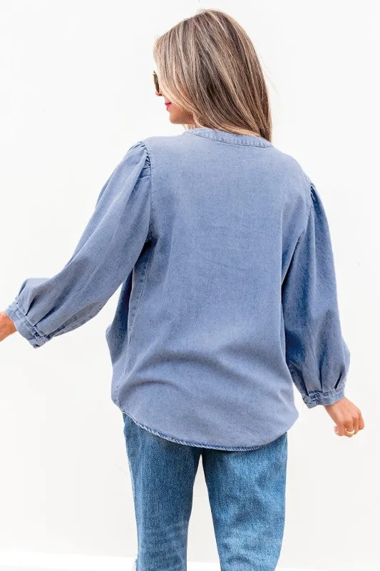 Solid Denim Pleated Bow Tie Puff Sleeve Top sold by Daily Chic product image thumbnail 2
