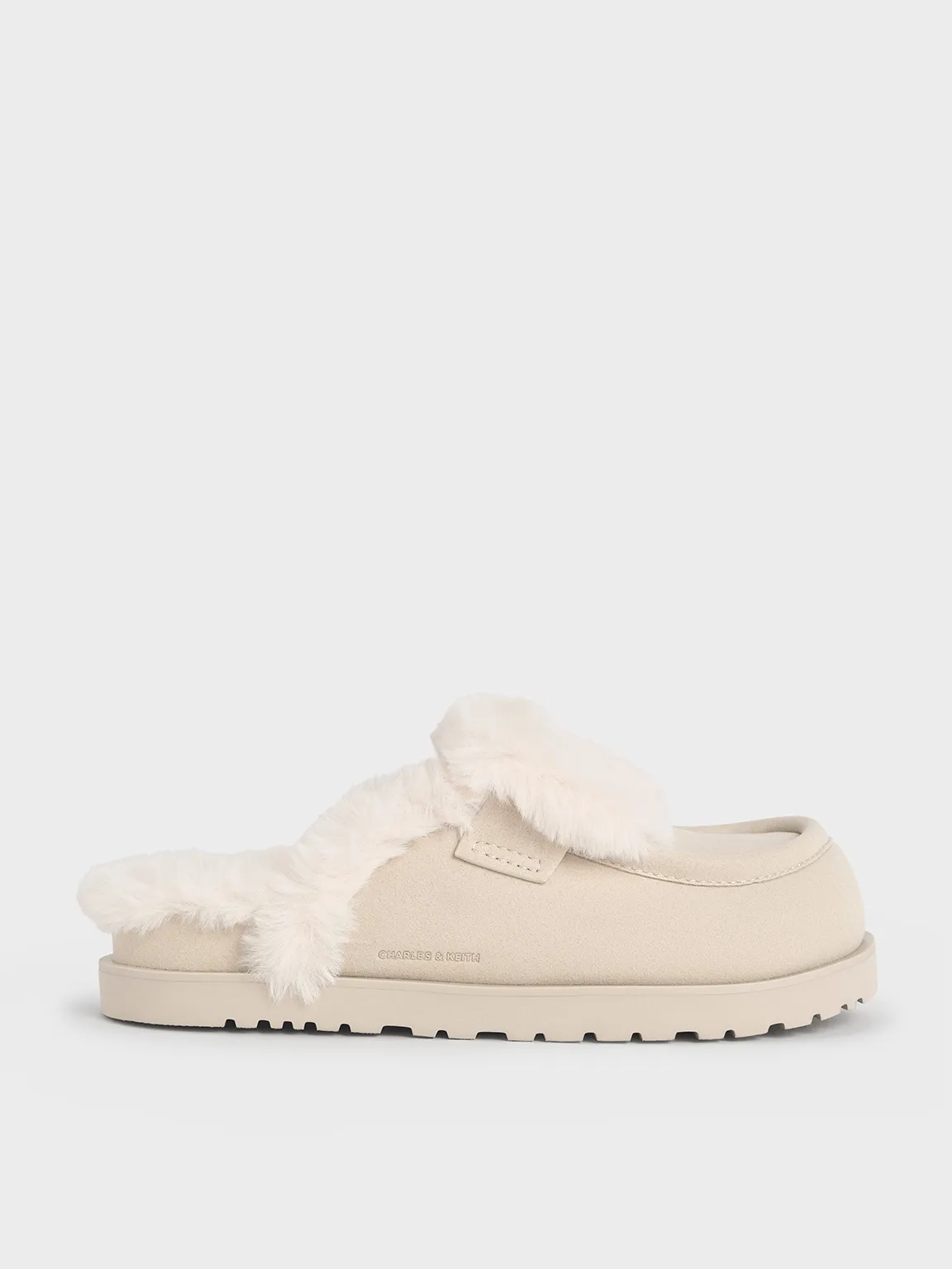 Charles & Keith - Textured Fur-Trim Flatform Mules sold by Charles & Keith