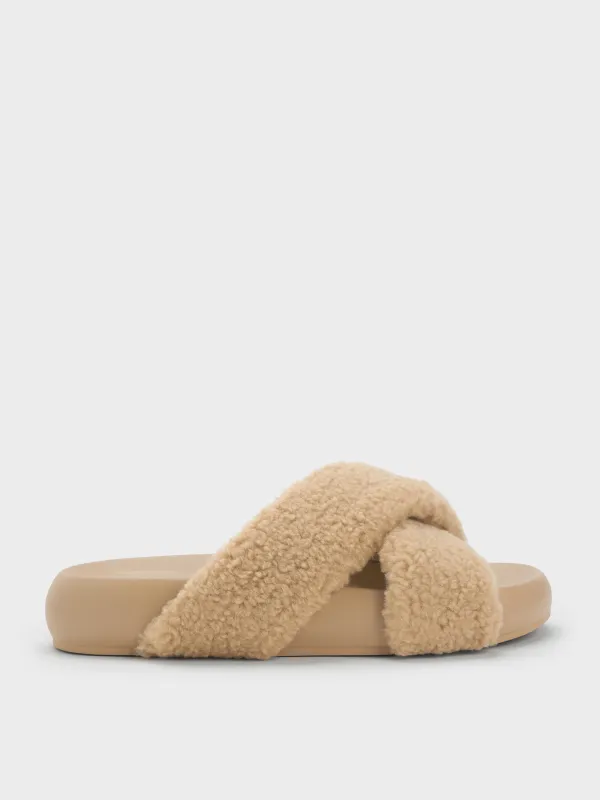 Charles & Keith - Lumi Faux Shearling Crossover-Strap Slide Sandals sold by Charles & Keith