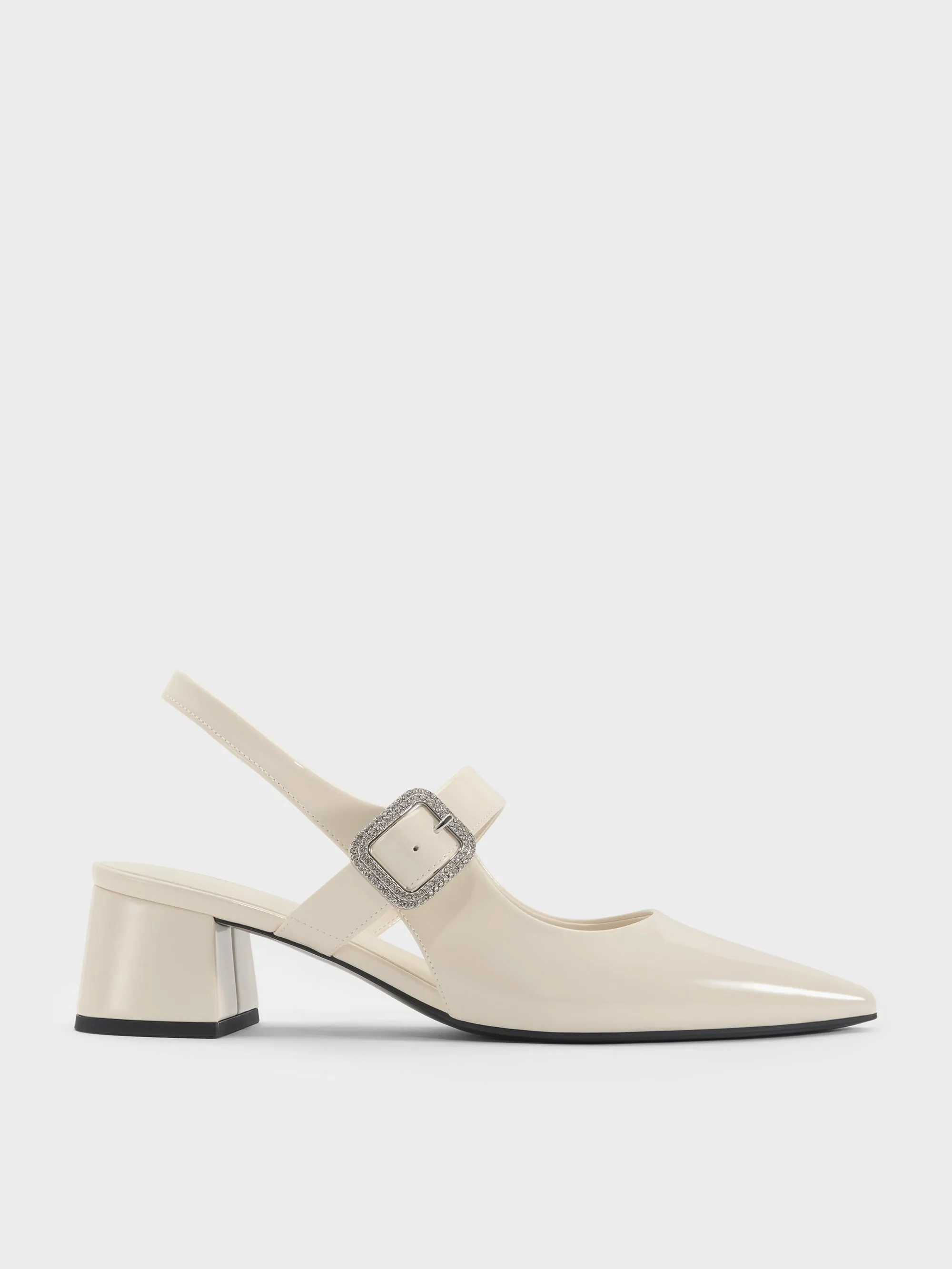 Charles & Keith - Patent Crystal-Buckle Block-Heel Slingback Pumps sold by Charles & Keith