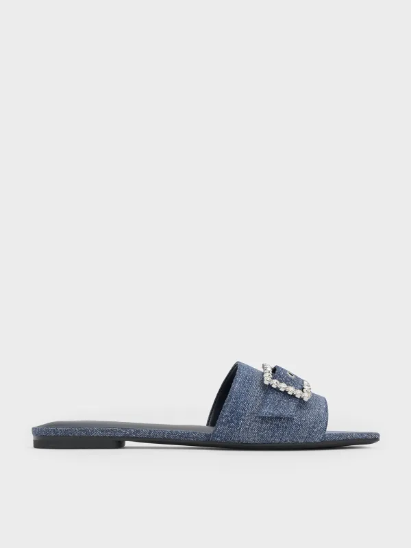 Charles & Keith - Denim Gem-Buckle Square-Toe Slide Sandals sold by Charles & Keith