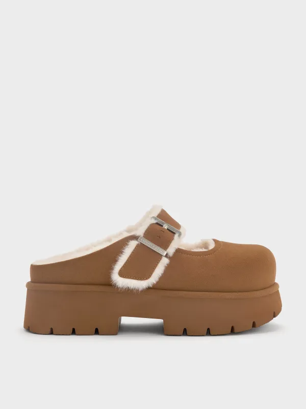 Charles & Keith - Bergen Textured Fur-Trim Buckled Platform Mules sold by Charles & Keith