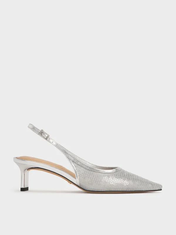 Charles & Keith - Sequin Mesh & Leather Slingback Kitten Heels sold by Charles & Keith