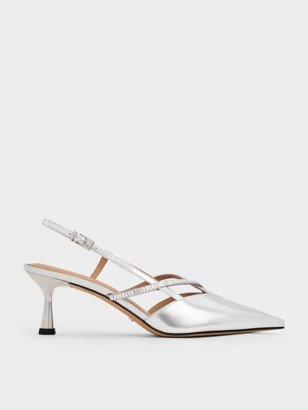 Charles & Keith - Metallic Leather & Satin Crystal-Embellished Slingback Pumps sold by Charles & Keith