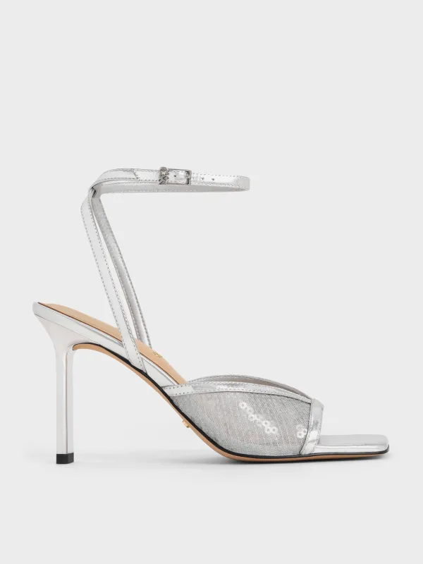 Charles & Keith - Sequin Mesh & Leather Ankle-Strap Heeled Sandals sold by Charles & Keith