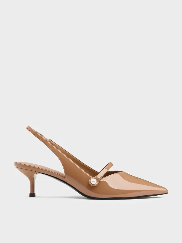 Charles & Keith - Helena Patent Pearl-Buckle Slingback Kitten Heels sold by Charles & Keith