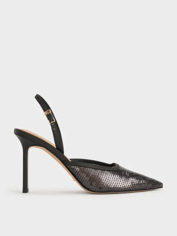 Charles & Keith - Sequin Mesh & Leather Pointed-Toe Slingback Pumps sold by Charles & Keith