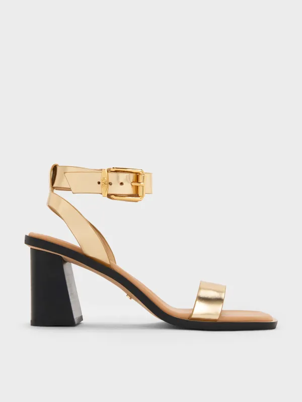 Charles & Keith - Metallic Leather Ankle-Strap Block-Heel Sandals sold by Charles & Keith