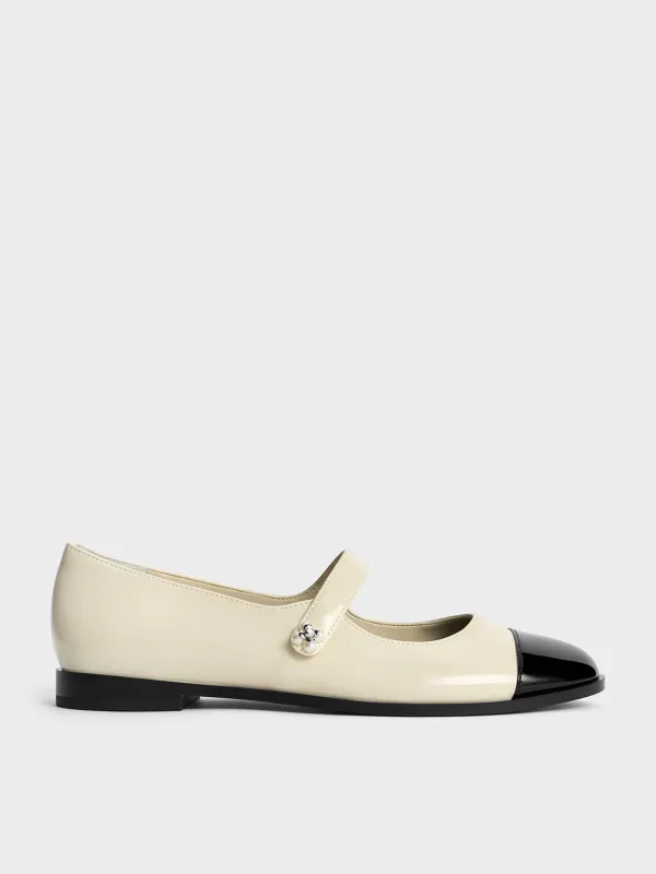 Charles & Keith - Patent Pearl-Embellished Flower-Buckle Cap-Toe Mary Janes sold by Charles & Keith