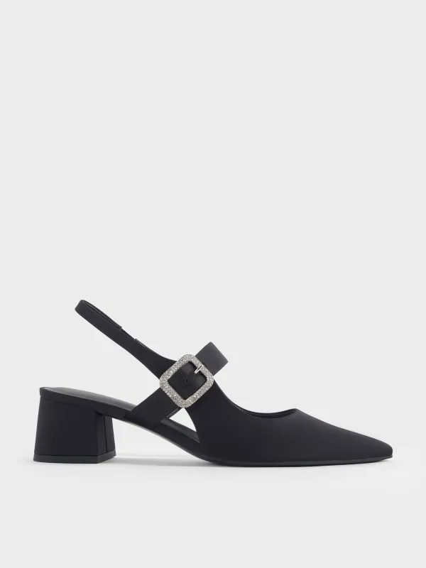 Charles & Keith - Satin Crystal-Buckle Block-Heel Slingback Pumps sold by Charles & Keith
