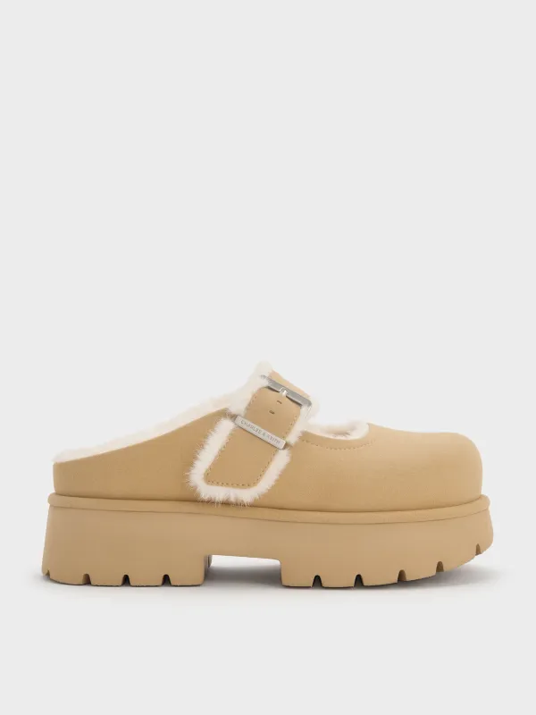 Charles & Keith - Bergen Textured Fur-Trim Buckled Platform Mules sold by Charles & Keith
