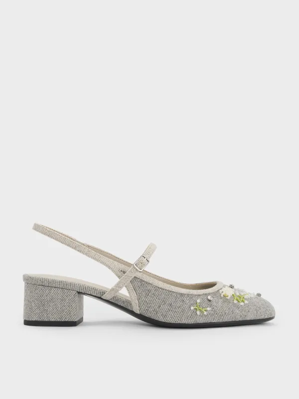 Charles & Keith - Twill Bead-Flower Block-Heel Slingback Mary Jane Pumps sold by Charles & Keith