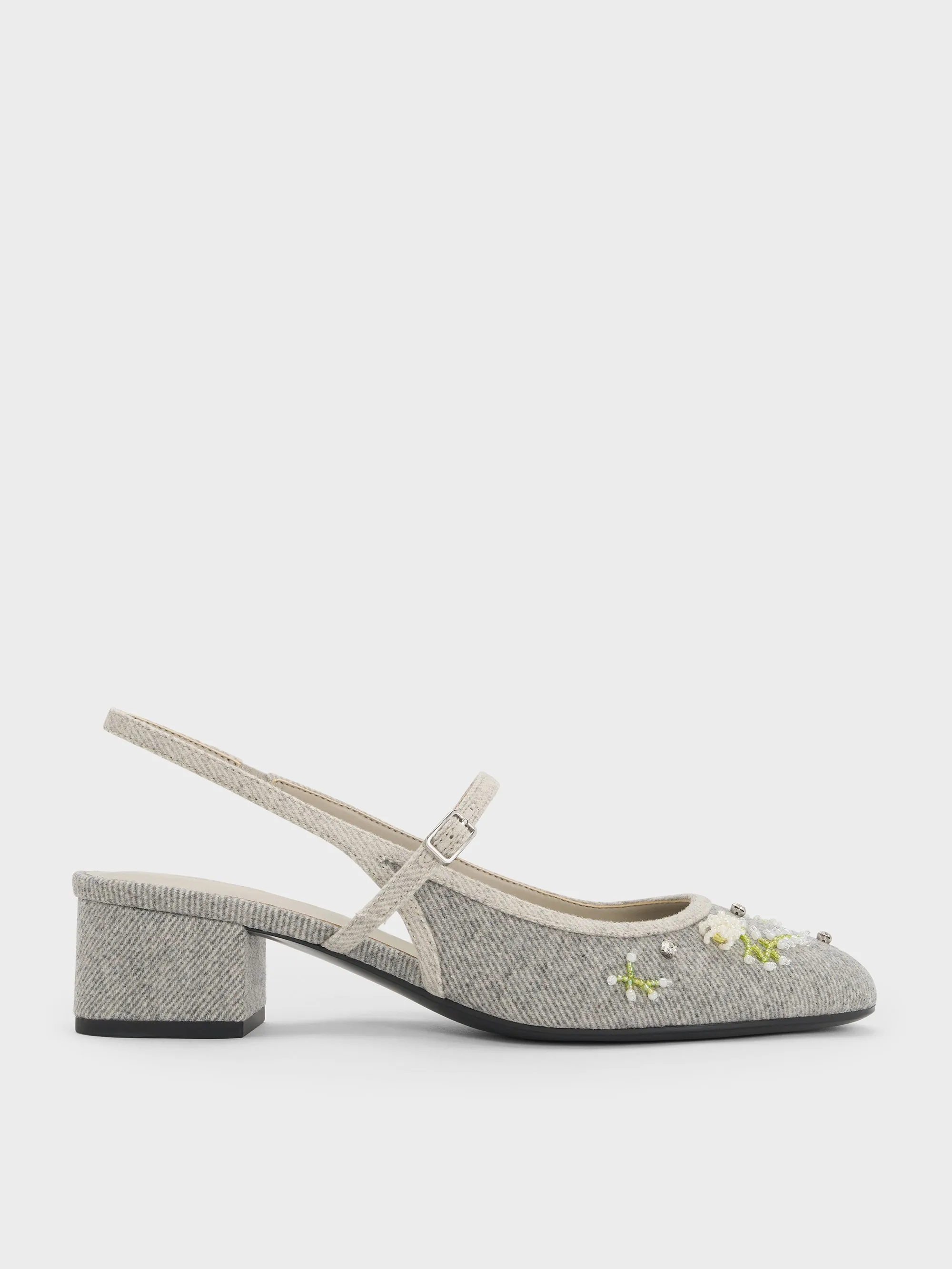 Charles & Keith - Twill Bead-Flower Block-Heel Slingback Mary Jane Pumps sold by Charles & Keith