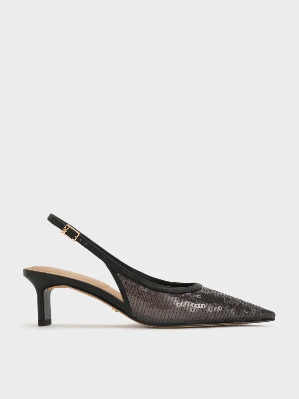 Charles & Keith - Sequin Mesh & Leather Slingback Kitten Heels sold by Charles & Keith