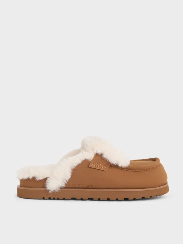Charles & Keith - Textured Fur-Trim Flatform Mules sold by Charles & Keith