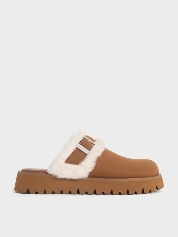 Charles & Keith - Hannah Textured Fur-Trim Buckled Mules sold by Charles & Keith