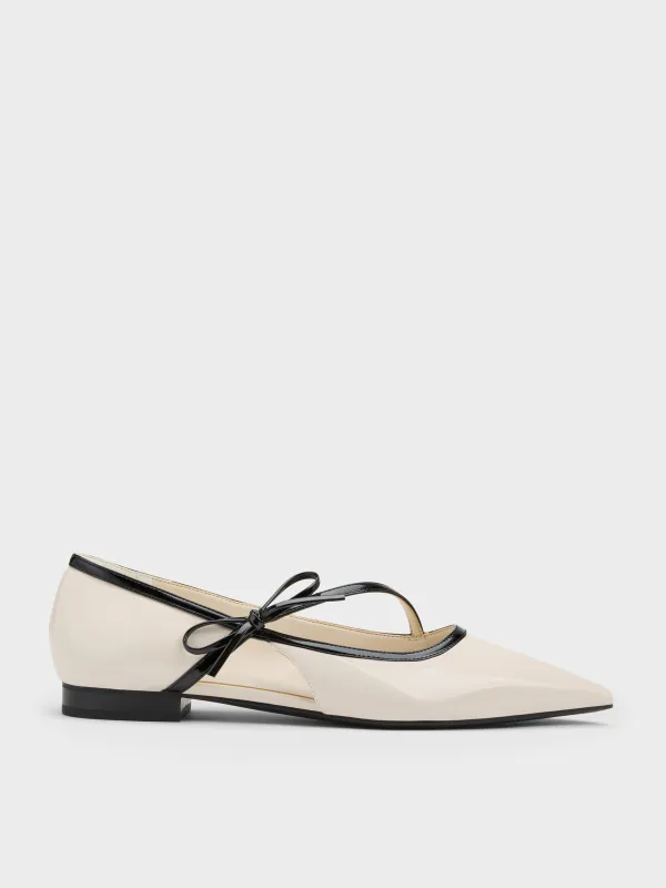 Charles & Keith - Patent Contrast-Trim Pointed-Toe Bow-Strap Flats sold by Charles & Keith