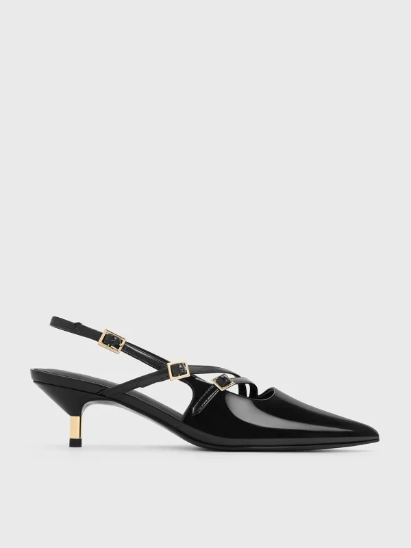Charles & Keith - Patent Buckle-Strap Kitten Heel Slingback Pumps sold by Charles & Keith