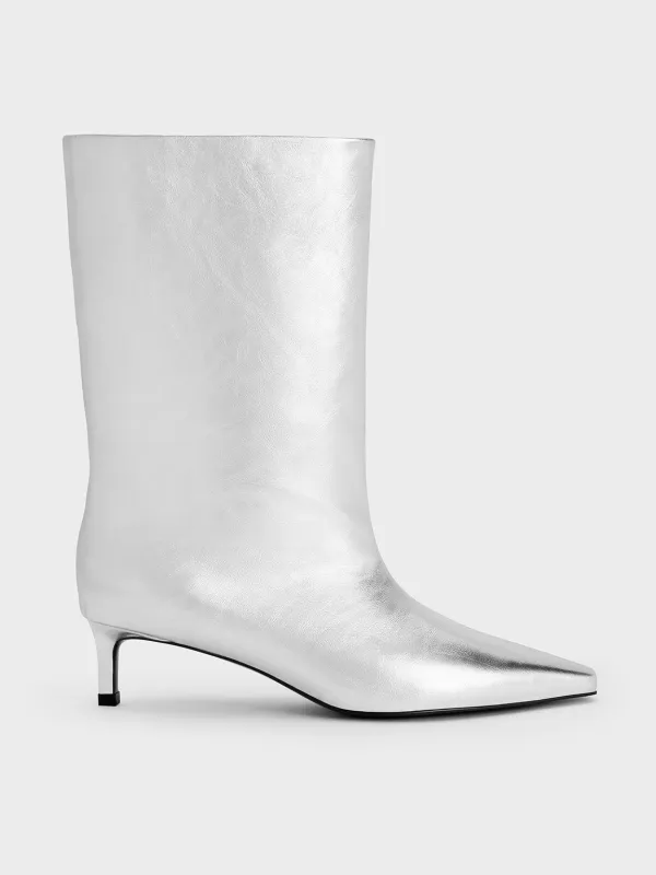 Charles & Keith - Metallic Elongated Tapered-Toe Kitten-Heel Calf Boots sold by Charles & Keith