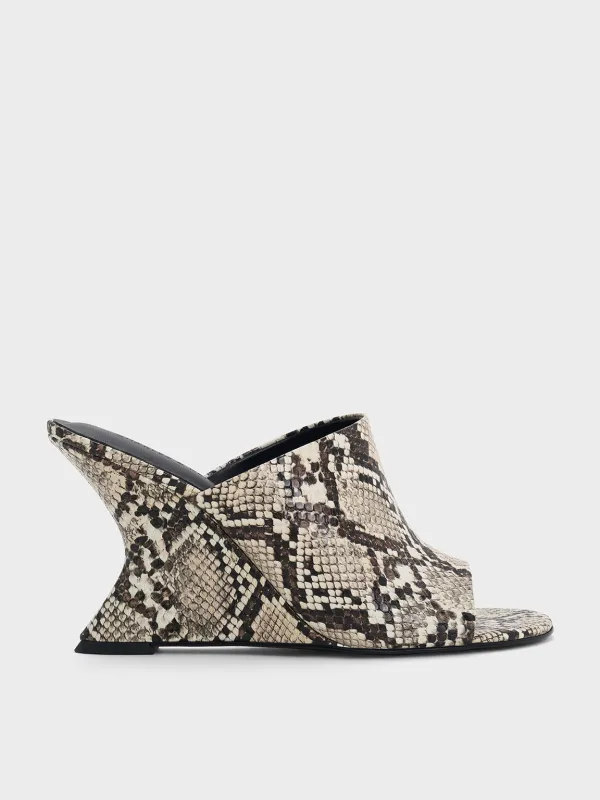 Charles & Keith - Snake-Print Wide-Strap Sculptural-Heel Wedges sold by Charles & Keith