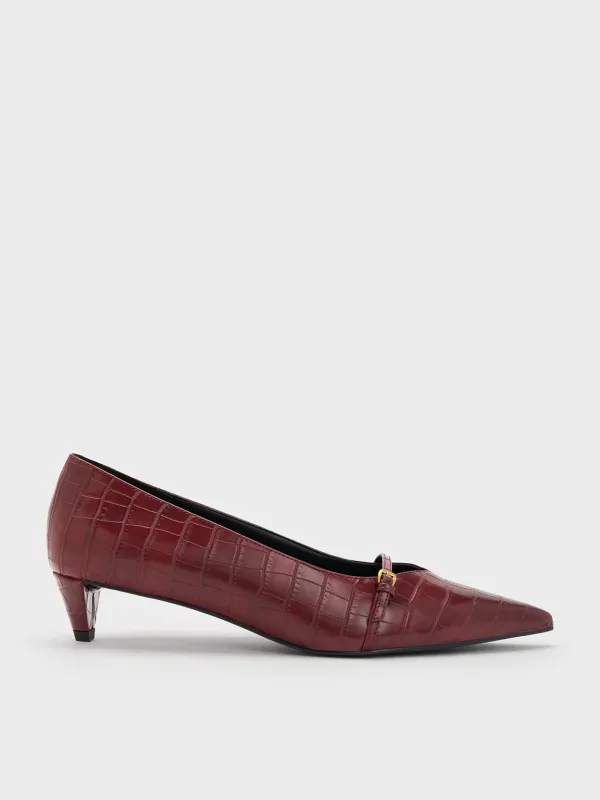 Charles & Keith - Croc-Effect Buckled Pointed-Toe Kitten-Heel Pumps sold by Charles & Keith