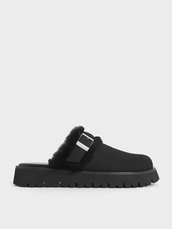 Charles & Keith - Hannah Textured Fur-Trim Buckled Mules made by Charles & Keith