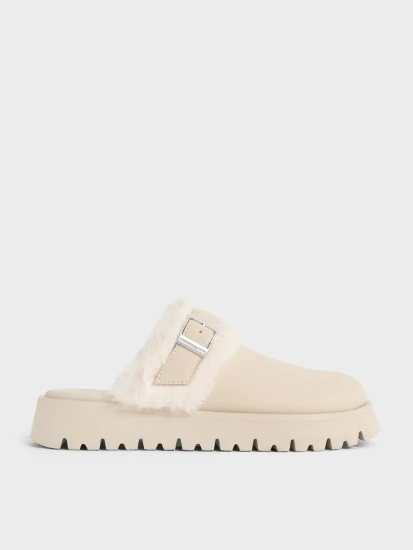 CHARLES & KEITH - Hannah Textured Fur-Trim Buckled Mules made by Charles & Keith