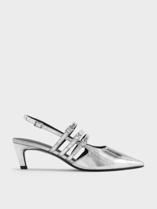 Charles & Keith - Metallic Triple-Strap Pointed-Toe Kitten-Heel Slingback Pumps sold by Charles & Keith