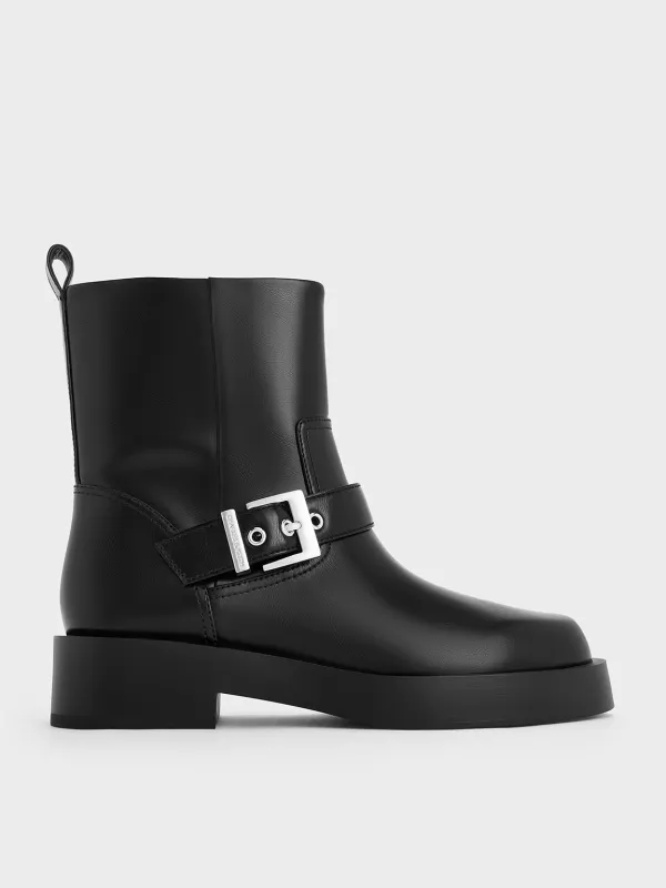 Charles & Keith - Buckle-Strap Biker Boots sold by Charles & Keith