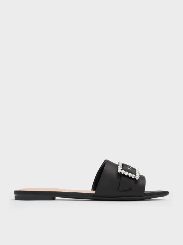 Charles & Keith - Recycled Polyester Gem-Buckle Square-Toe Slide Sandals sold by Charles & Keith