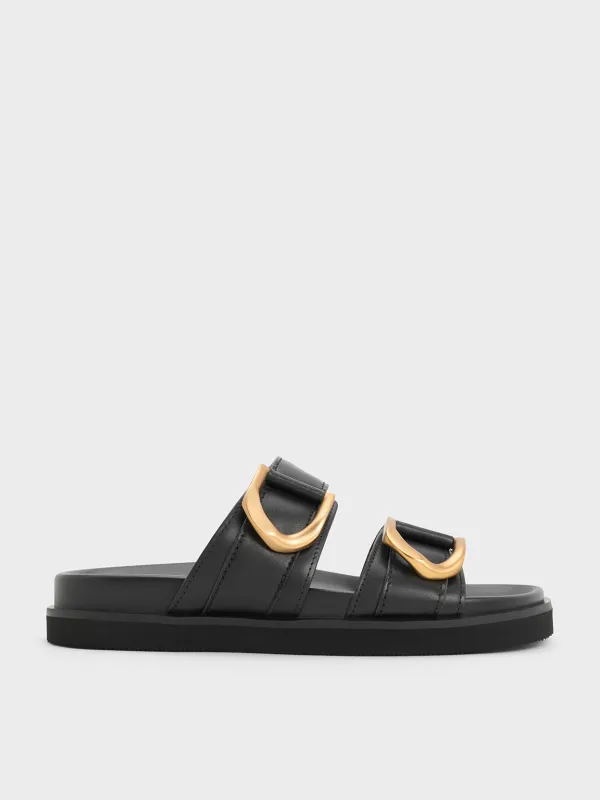 Charles & Keith - Gabine Gold-Buckle Leather Slides sold by Charles & Keith