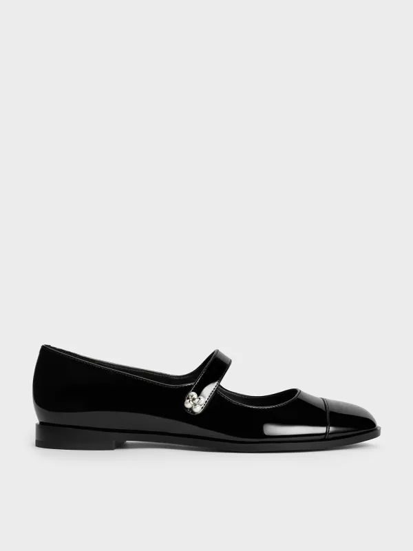 Charles & Keith - Patent Pearl-Embellished Flower-Buckle Cap-Toe Mary Janes sold by Charles & Keith