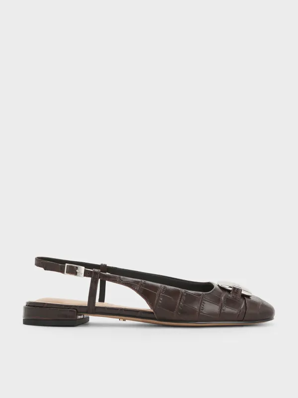 Charles & Keith - Croc-Effect Leather Metallic-Accent Slingback Flats sold by Charles & Keith